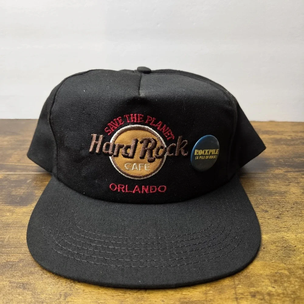 Vintage 80s Hard Rock Cafe Orlando Leather Strapback Hat Made in USA Black